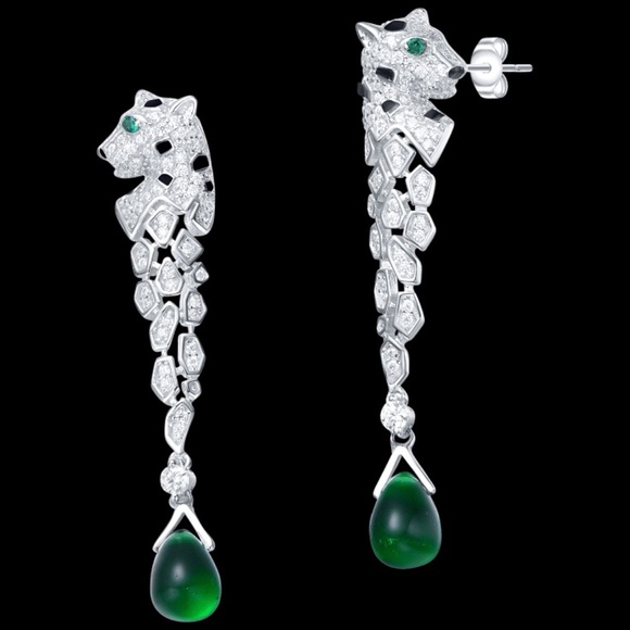 Genevive Sterling Silver Rhodium Plated Emerald and Clear CZ Fauna Drop Earrings - Picture 1 of 5